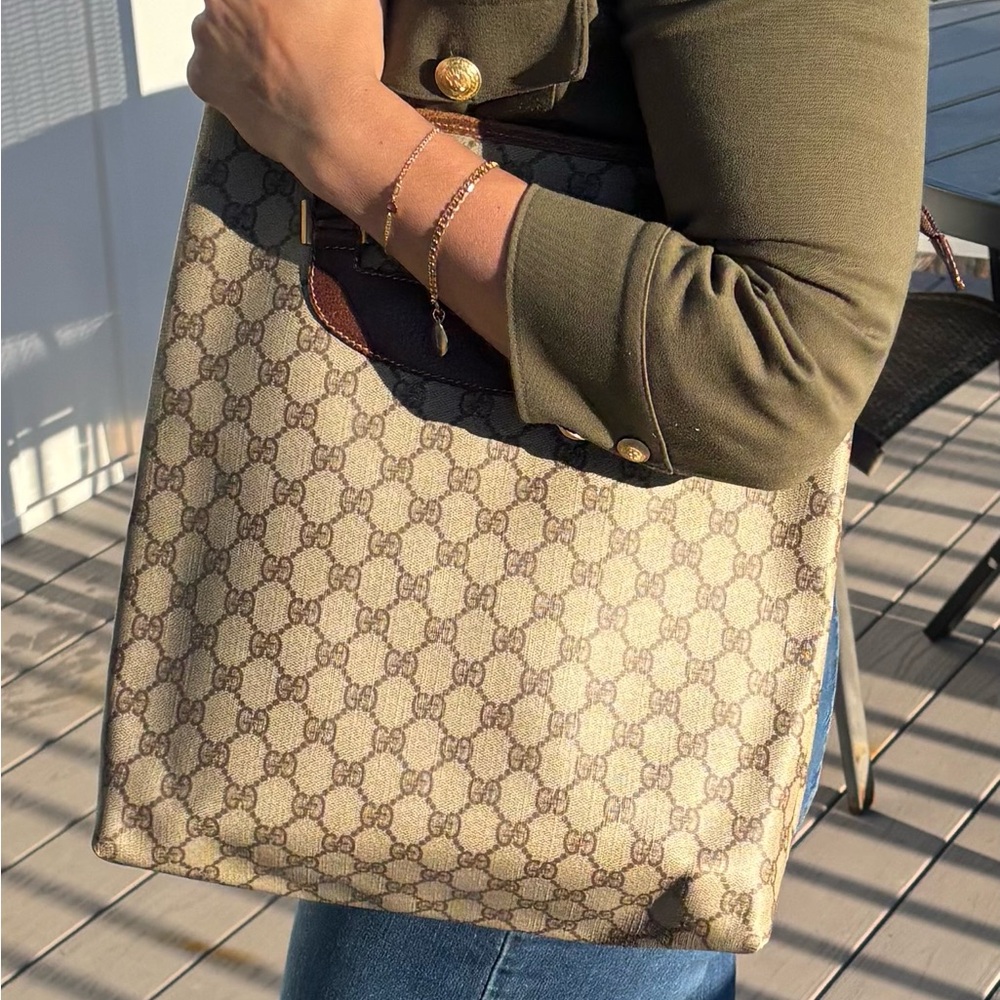 Gucci Vintage GG Supreme Monogram Canvas Shoulder Tote Brown Leather Trim Italy - Picture 2 of 10